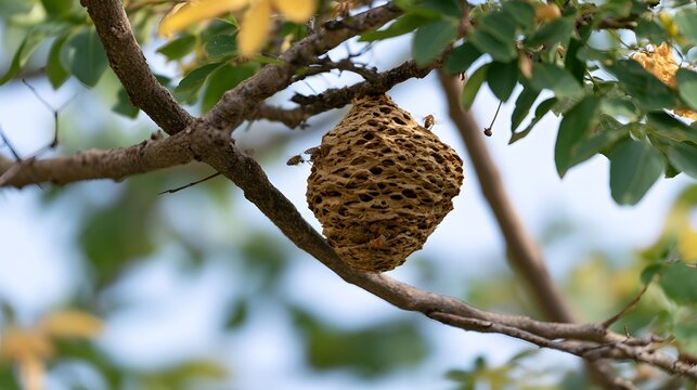 A natural woven bee nest hanging from a tree branch surrounded by green leaves and yellow flowers