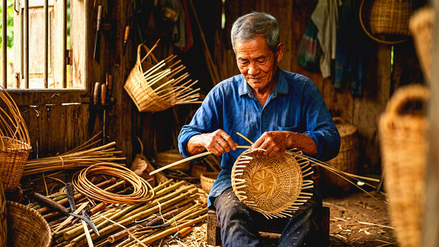 Elderly artisan weaving a traditional bamboo basket in a workshop