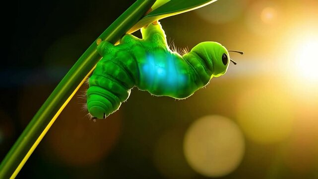 Close-up macro shot of a cute vibrant green caterpillar hanging upside down on a stem with a glowing effect and warm bokeh background
