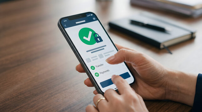 Secure Mobile Banking Transaction on Smartphone with Green Checkmark and Lock Icon for Safe Online Payment and Financial Data Protection