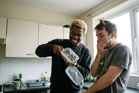 Roommates react to questionable leftovers in a kitchen