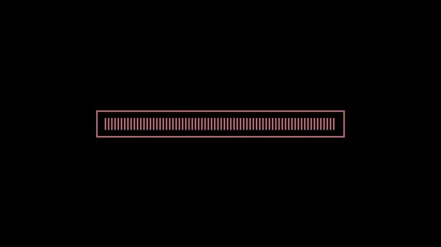 Red segmented loading bar fills fully. Pixelated blocks glow inside bordered frame. A bold progress bar animation.