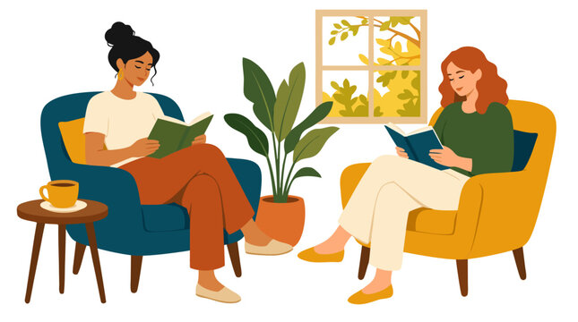 Cozy home scene with two women relaxing in armchairs and reading books, featuring a potted indoor plant, a cup of tea on a side table, and a window view of autumn leaves. Flat vector design.
