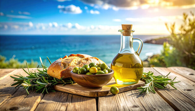 A rustic wooden table holds fresh bread, olives, and golden oil, evoking Mediterranean serenity. This peaceful, no people setting under warm sunset light celebrates healthy, natural living.