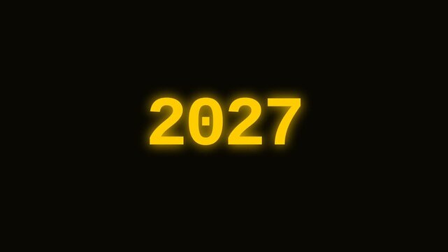 Motion of the Year 2027 New Year Celebration with Bright Yellow Text on Black Background.