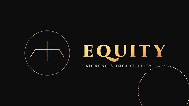Equity fairness and impartiality motion with animated gold circle on animation 4k black background equality
