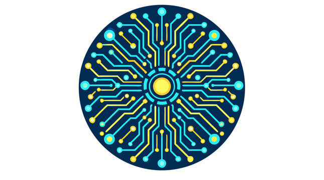 Symmetrical circular circuit board vector with cyan and yellow traces radiating from a central hub. Modern tech pattern for digital connectivity, artificial intelligence, and hardware design.