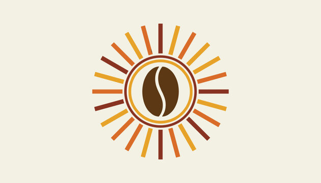 Creative coffee bean logo surrounded by sun rays in warm yellow and brown tones representing energy and freshness.