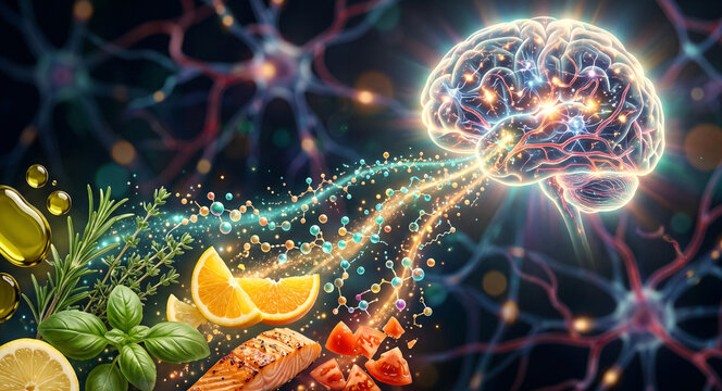 Diet-related brain health concept with olive oil, herbs, citrus, fish lipids, and tomato compounds flowing into glowing neural pathways.