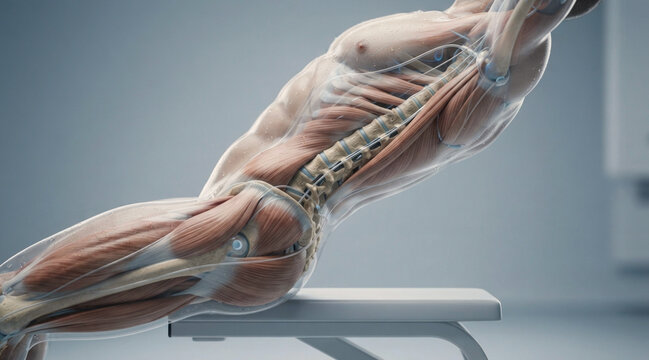 Transparent biomechanical torso in back extension showing lumbar spine, pelvis, erector spinae, gluteus maximus, and hamstrings for medical education.