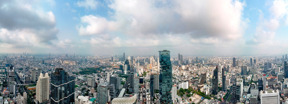 Aerial view panoramic of the business district of the urban landscape of the metropolis of Bangkok in the early morning