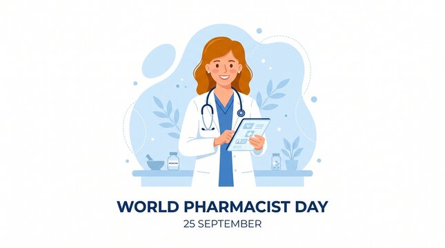 Pharmacist holding tablet on world pharmacist day