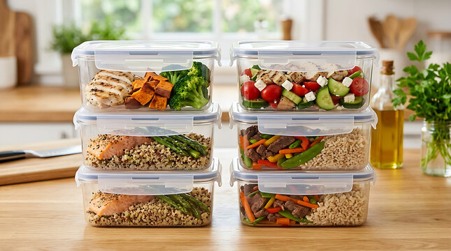 Healthy meal prep containers with fresh ingredients.