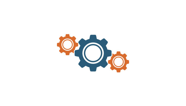 Three interlocking gear wheels in blue and orange colors representing mechanism, teamwork, or technological process.