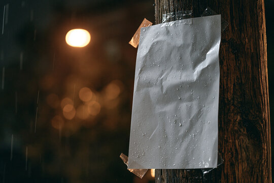 A wet blank paper flyer taped to a dark wooden pole during a rainy night with blurred background lights. Perfect for urban mockups and lost pet notices.