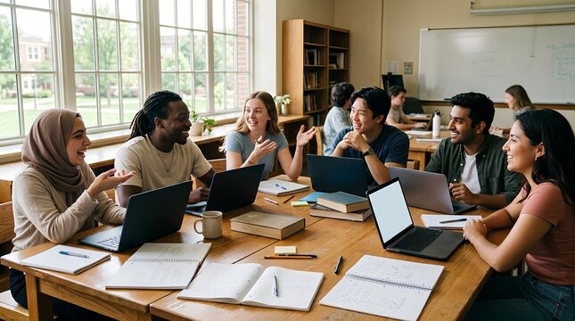 Diverse students collaborating around a wooden table with laptops in a bright modern classroom, smiling and engaged in active group study