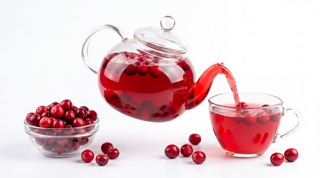 Fresh vibrant cranberry tea pouring from a clear glass teapot into a matching cup filled with red berries on white background