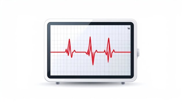 Portable tablet screen displaying red EKG heartbeat waveform