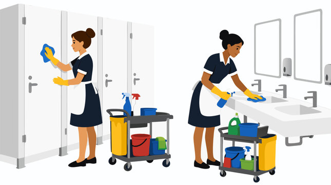 Vector illustration of two maids in uniforms cleaning public bathroom stalls and sinks with janitorial carts. Professional housekeeping service maintaining hygiene in a modern restroom facility.