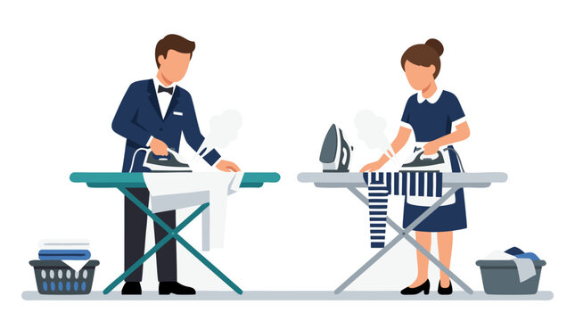 Professional butler and housekeeper in uniform ironing clothes on boards with steam irons. Flat vector illustration of domestic service staff performing laundry chores, isolated on white.