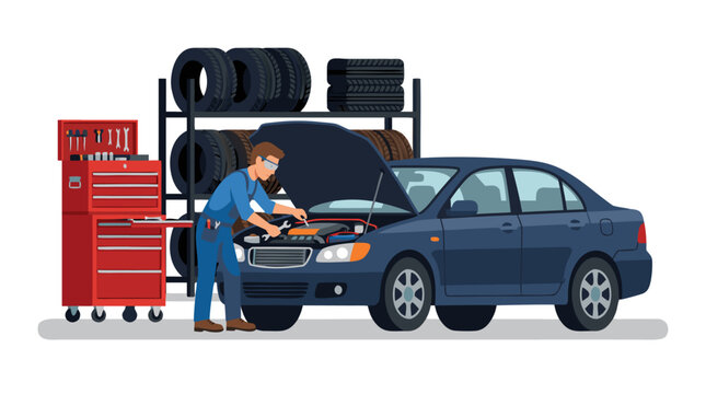 Vector Illustration of a Professional Mechanic in Blue Overalls Repairing a Dark Blue Sedan with an Open Hood in an Auto Service Garage Featuring a Red Toolbox and Tire Rack for Maintenance.