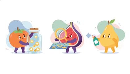 Naklejka premium Trio of cute animated fruit characters featuring a persimmon, a fig examining a map, and a pear with a spray bottle.