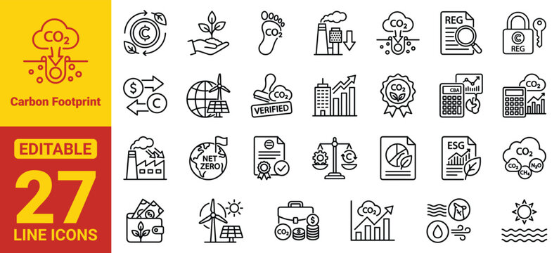 Carbon Footprint Icon Set with ESG, Carbon Credit, Net Zero, Emission Reduction, Renewable Energy, Sustainability and Climate Business Symbols for UI, Web and Infographics