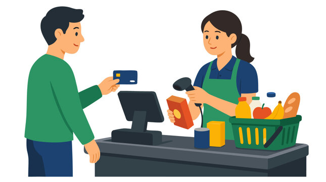 Vector illustration of a male customer paying with a credit card at a supermarket checkout while a female cashier scans groceries into a basket on a white background in a flat design style.