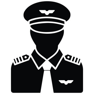 Airline pilot character with hat and uniform vector silhouette illustration profile.