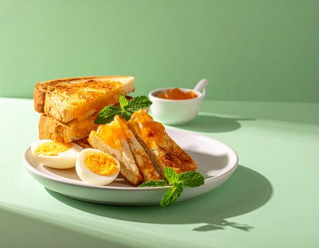 Singaporean Kaya Toast with Boiled Eggs and Jam on Pastel Green Background