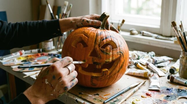 Artist painting a orange pumpkin with colorful paints in a creative studio, handmade Halloween decoration and festive autumn DIY craft.