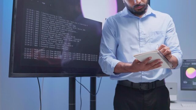 Software Developer reading note report and verifying coding on screen computer technology at office. Programmer working writing code analysis system artificial intelligence. Software engineer present