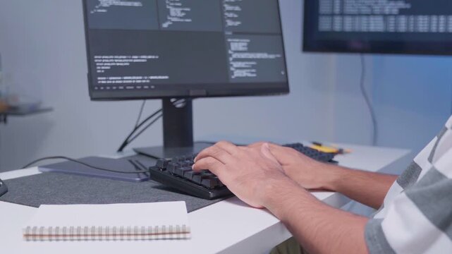 Software engineer wearing casual clothing typing on keyboard desktop computer information AI, management cybersecurity or coding software development. Programmer adult working artificial intelligence
