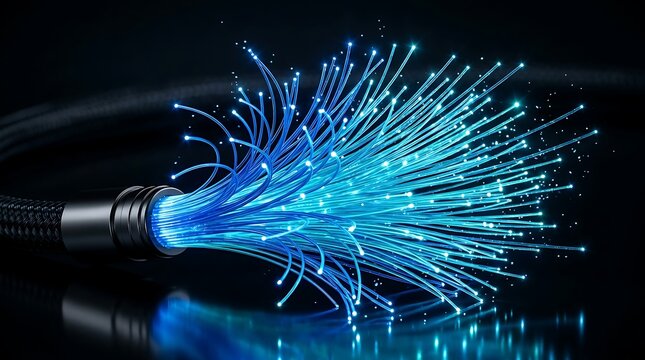 Fiber optic cable emits bright blue light strands on a reflective dark surface.