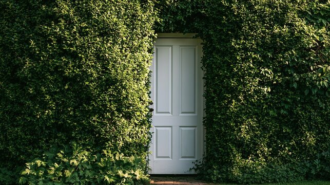 Closed white gate and tall privet hedge, soft light, metaphor for retreat, boundary, and spiritual sanctuary