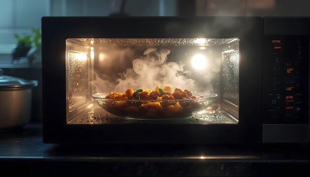 Hot steaming meal heating inside a modern microwave oven with visible steam vapor rising from the clear glass dish plate