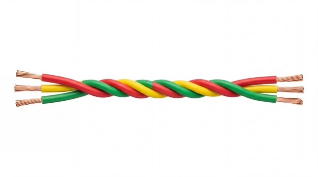 Twisted red yellow and green electrical wires with exposed copper ends showing vibrant colors and clean industrial texture on white background