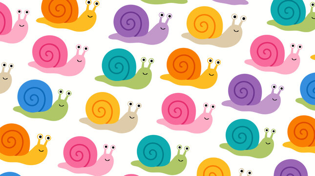 Seamless Pattern of Cute Cartoon Snails with Colorful Spiral Shells on White Background; Whimsical Vector Illustration for Kids' Fabric, Nursery Decor, Wallpaper, and Scrapbooking Projects.