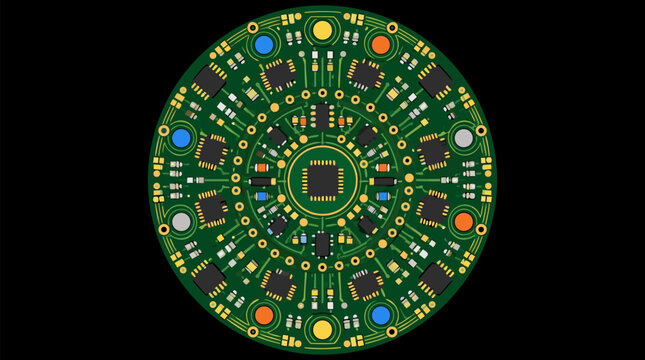 Circular green motherboard vector with concentric circuit traces, microchips, and soldered electronic components radiating from a central processor, isolated on black for technology concepts.