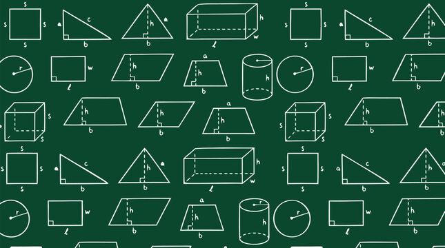 Seamless pattern of geometric area formulas and shape diagrams sketched in white chalk on a dark green chalkboard background, featuring triangles, squares, circles, cubes, and cylinders for math.