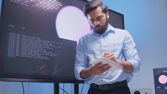 Software Developer reading note report and verifying coding on screen computer technology at office. Programmer working writing code analysis system artificial intelligence. Software engineer present