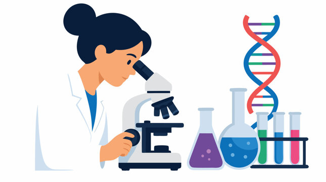 Flat vector illustration of a female scientist in a white lab coat looking through a microscope in a laboratory with colorful flasks, test tubes, and a DNA double helix for scientific research.