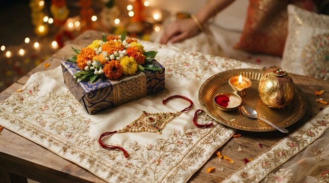 Traditional raksha bandhan setup with a decorative rakhi, gift box, diya, and coconut on a wooden table