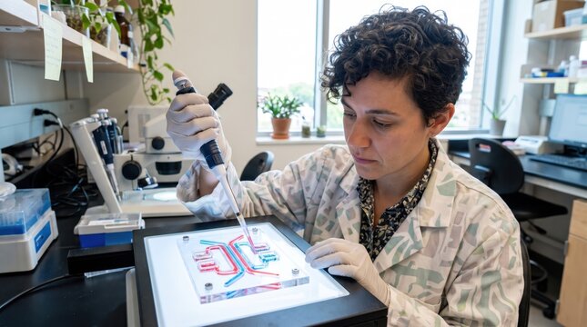 Female scientist using pipette on microfluidic chip in modern biotechnology laboratory research workspace. Concept of micropipette, scientist working.