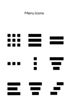 Set of rounded black menu navigation icons including hamburger, bento, kebab, meatballs. Collection of symbols for websites, apps, UI design, dashboards, and navigation. Isolated PNG