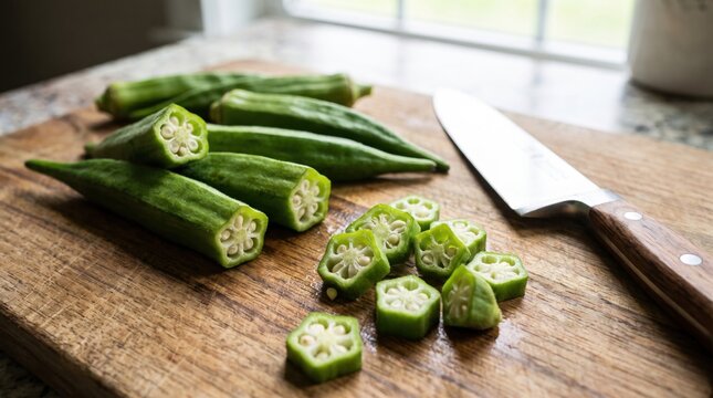 Fresh green okra sliced on a wooden cutting board with chef knife in kitchen. Concept of pods, lady finger.