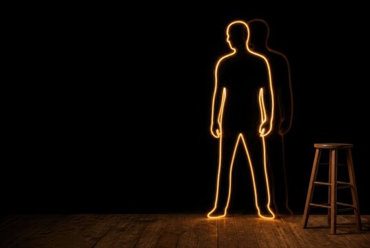 Neon human silhouette on dark stage with wooden stool