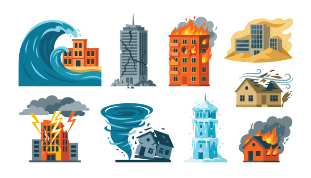 Vector flat illustration set of natural disasters including tsunami earthquake building fire sandstorm lightning strike tornado and winter freeze emergency