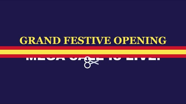 Grand festive opening mega sale is live animation with ribbon cutting ceremony for retail marketing and e-commerce promotional campaigns 4k