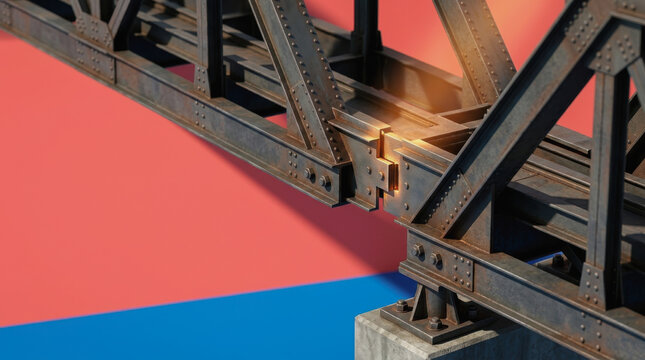 3D render of structural steel bridge joint locking together with metal bolts and concrete base